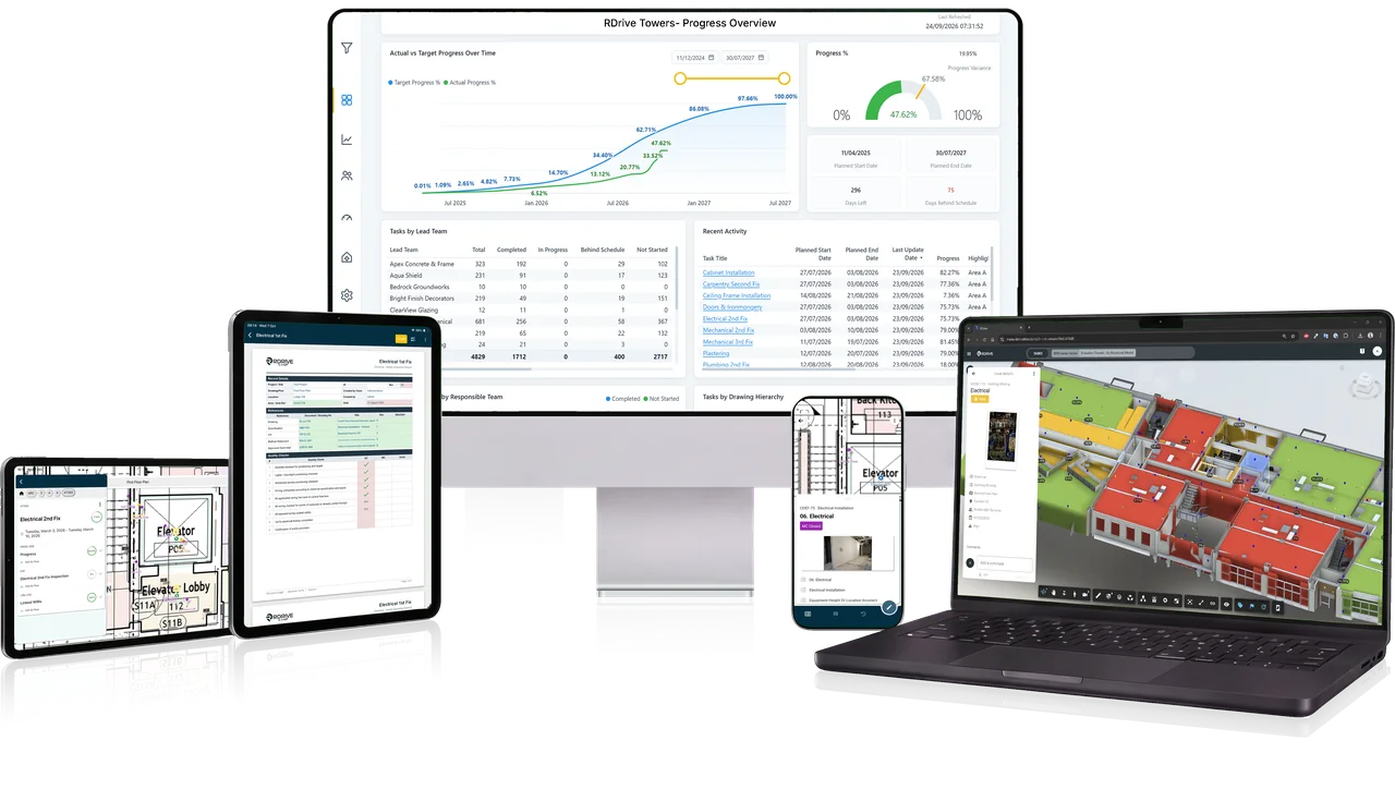 RDrive on a desktop, laptop, tablets and a phone: a progress dashboard, an inspection record, marked-up drawings and a BIM model