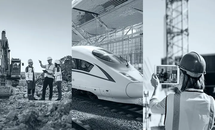 Montage of RDrive site types: earthworks, a high-speed rail line and an engineer on site