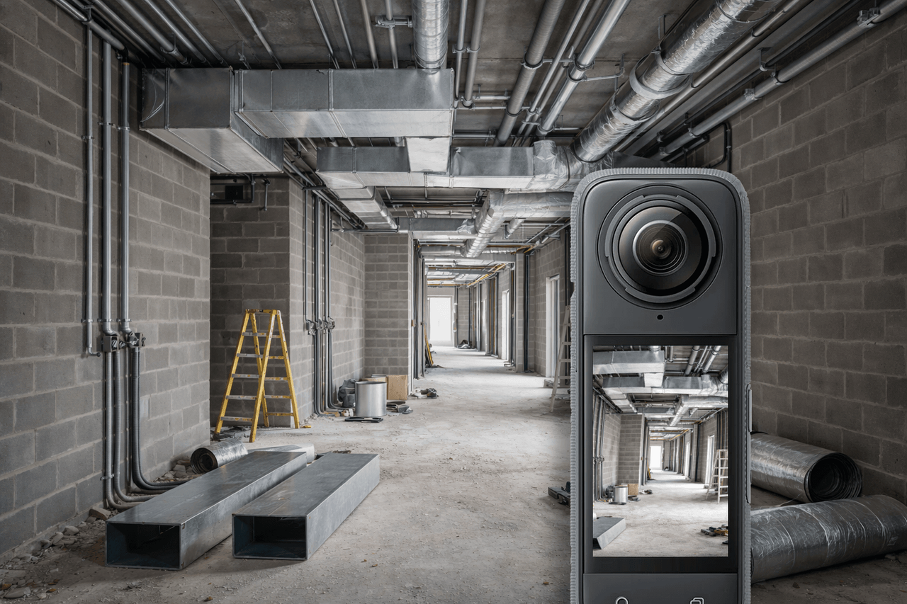 360-degree camera capturing a services corridor for panoramic photo records in RDrive Field