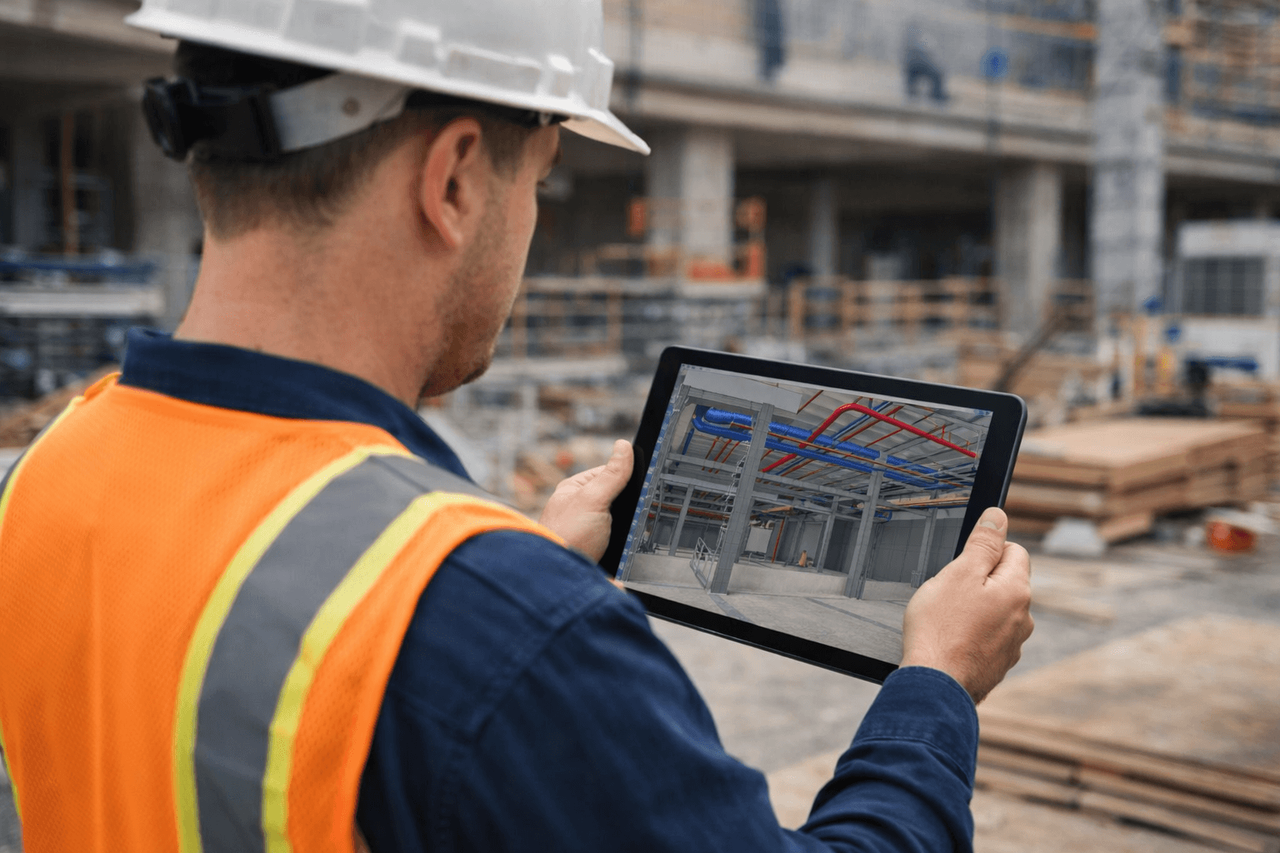 Site worker holding a tablet that shows the BIM model overlaid on the structure being built behind it