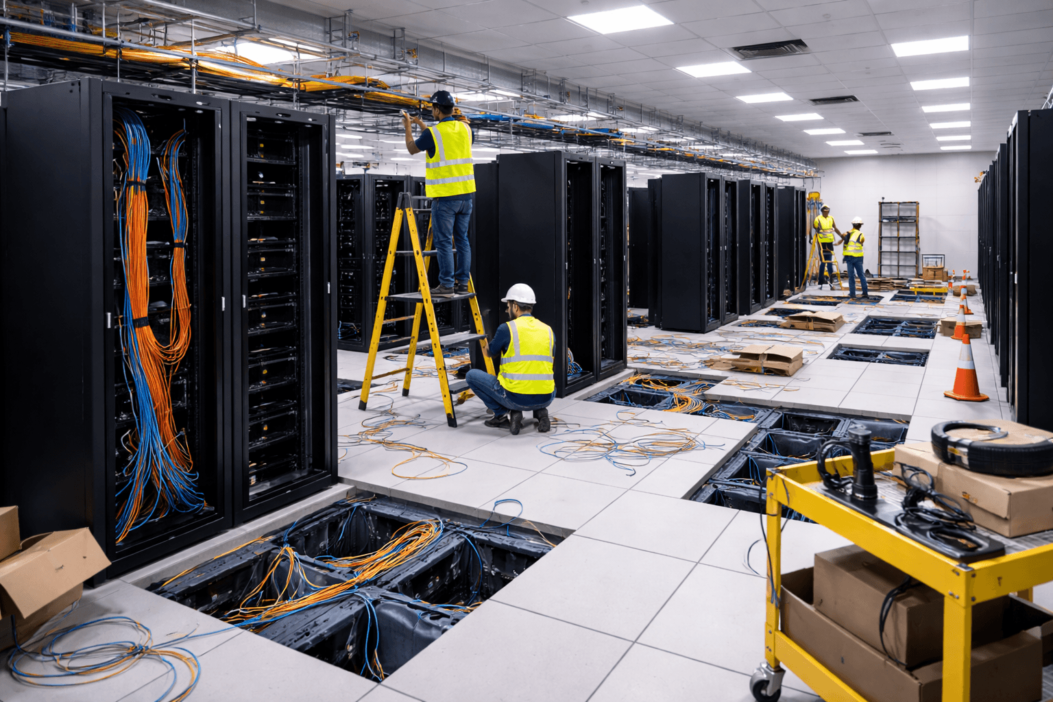 Contractors installing server racks and cabling in a data hall under construction