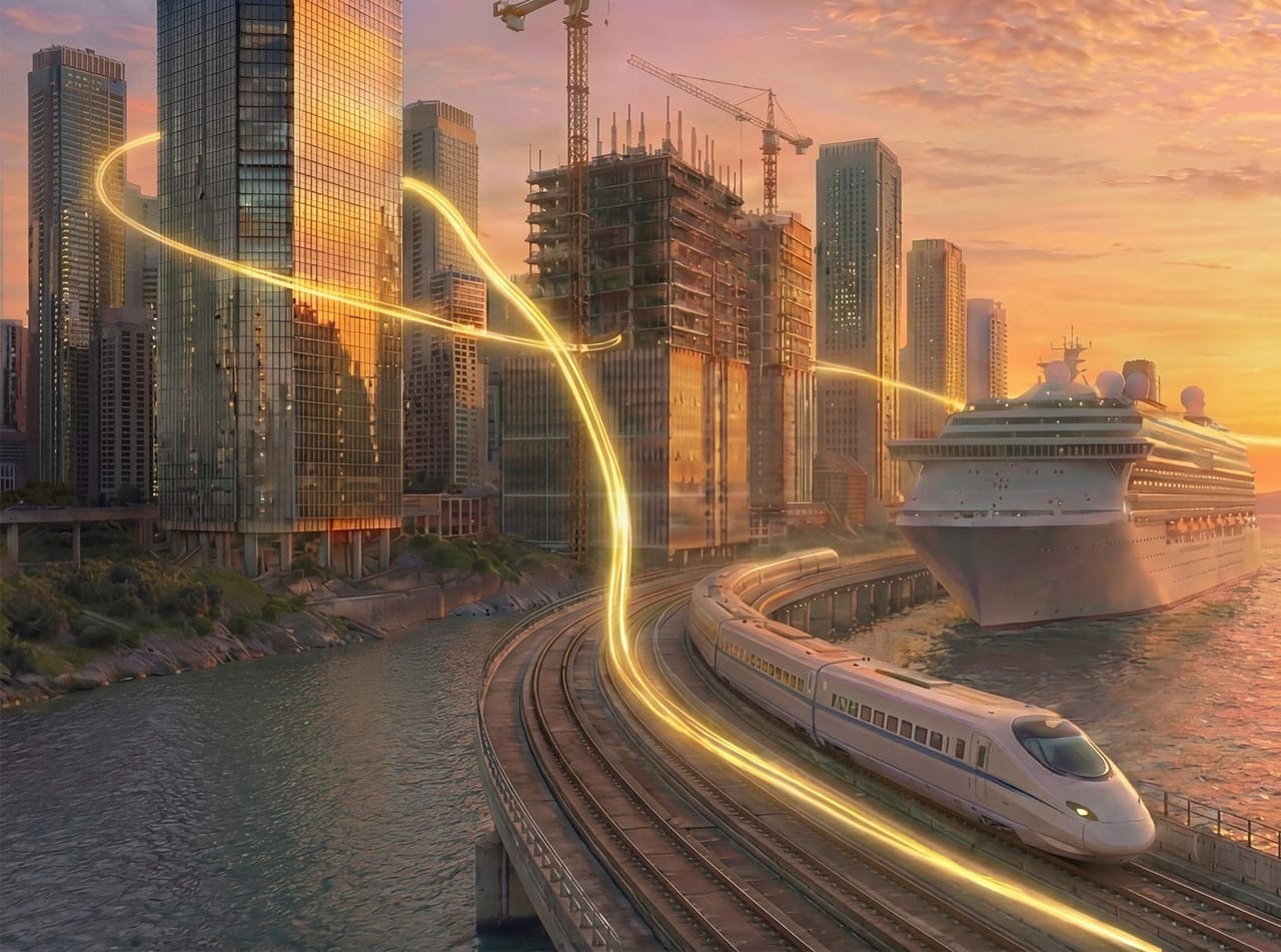 Golden thread of data connecting a city skyline, construction site, railway and port in a single light trail