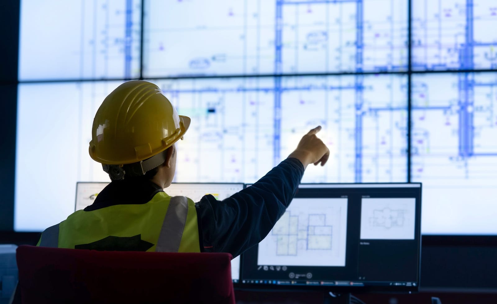 Engineer pointing at a control-room wall of drawings and dashboards, reading project data at a glance