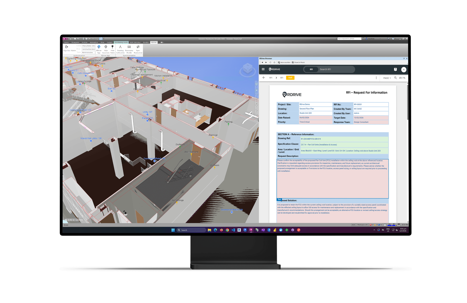 RDrive RFI form open next to the 3D model on a monitor, tying each request for information to its location
