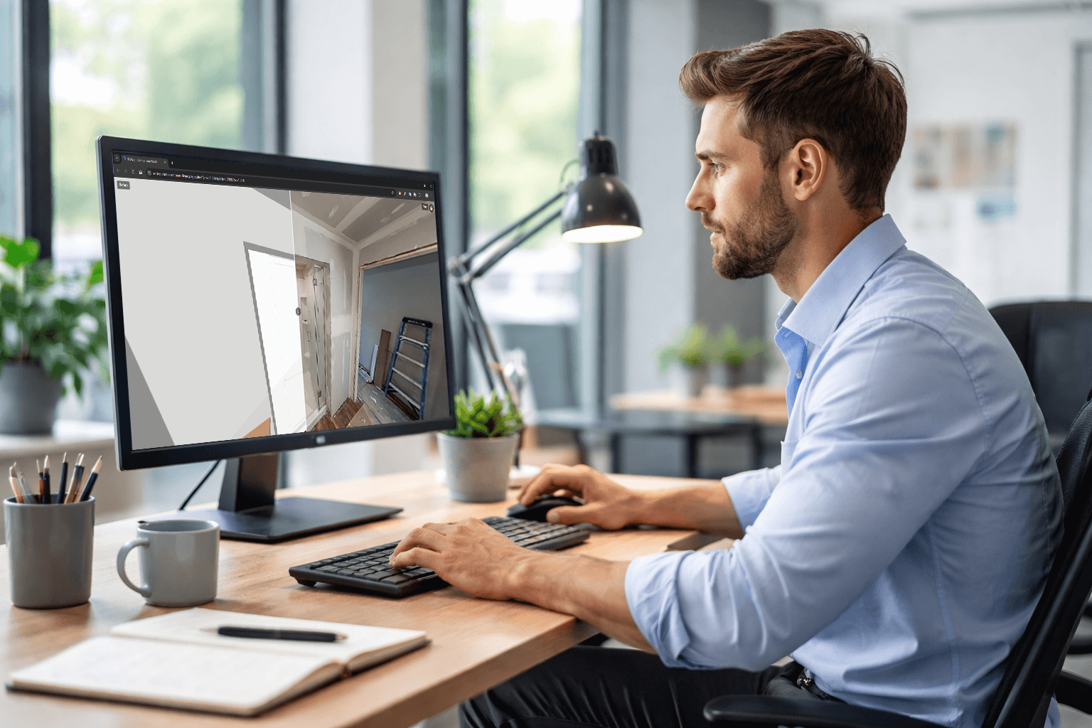 Consultant reviewing a 3D model on a desktop while working through RDrive requests for information
