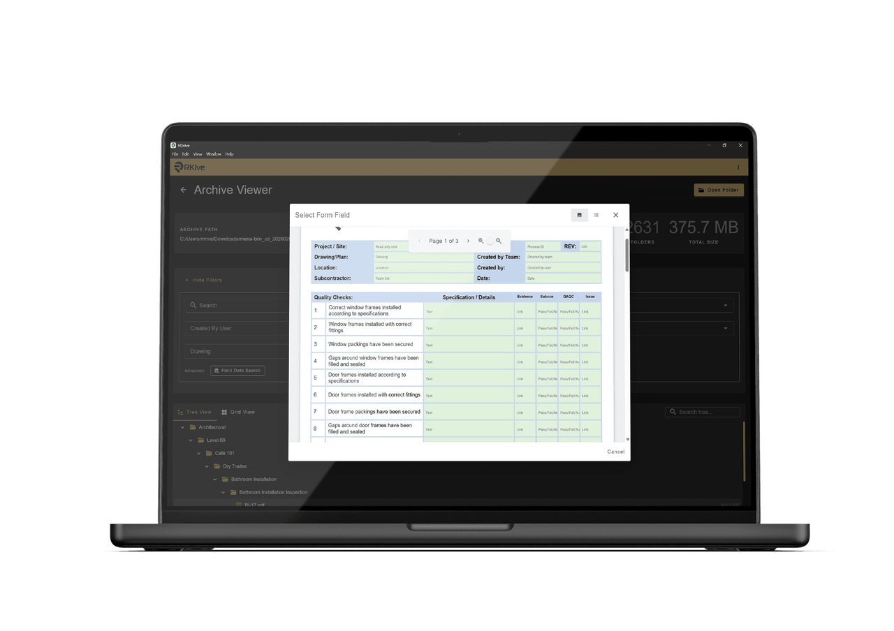 RDrive RKive archive viewer on a laptop, opening a completed quality checklist from the archived project data