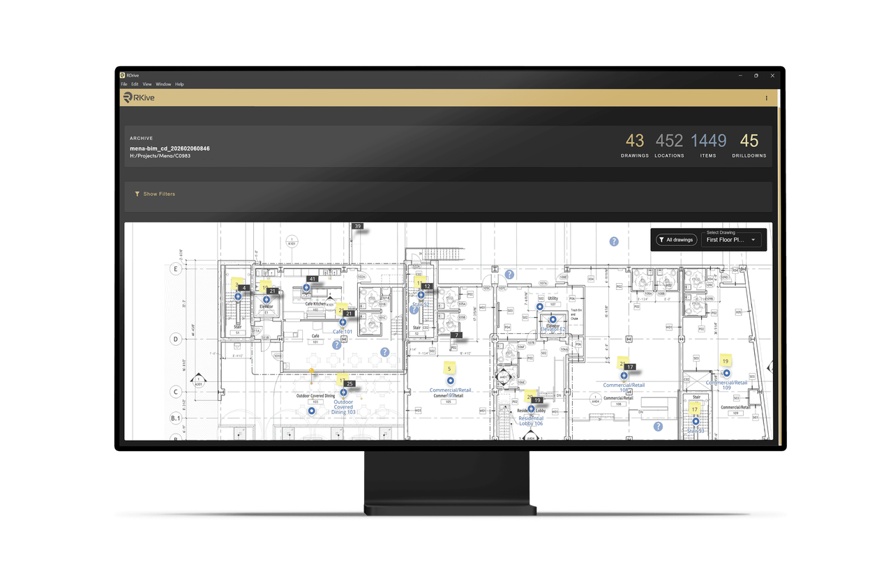 RDrive RKive on a monitor, navigating archived records by pins placed directly on the project drawing