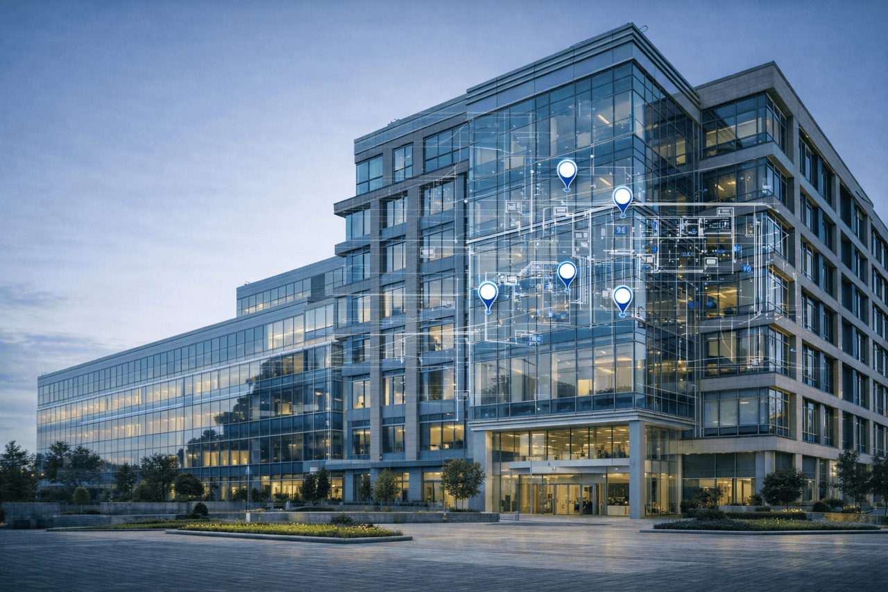 Data points mapped over a completed office building, showing the RKive archive living on after handover