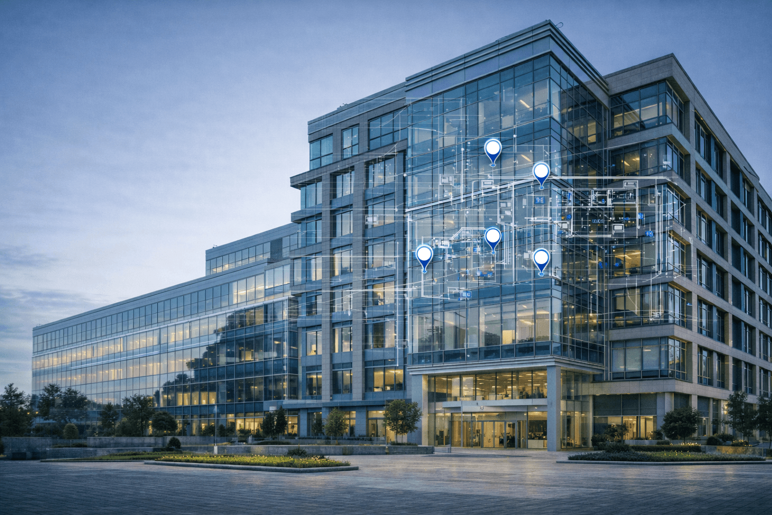 Data points mapped over a completed office building, showing the RKive archive living on after handover