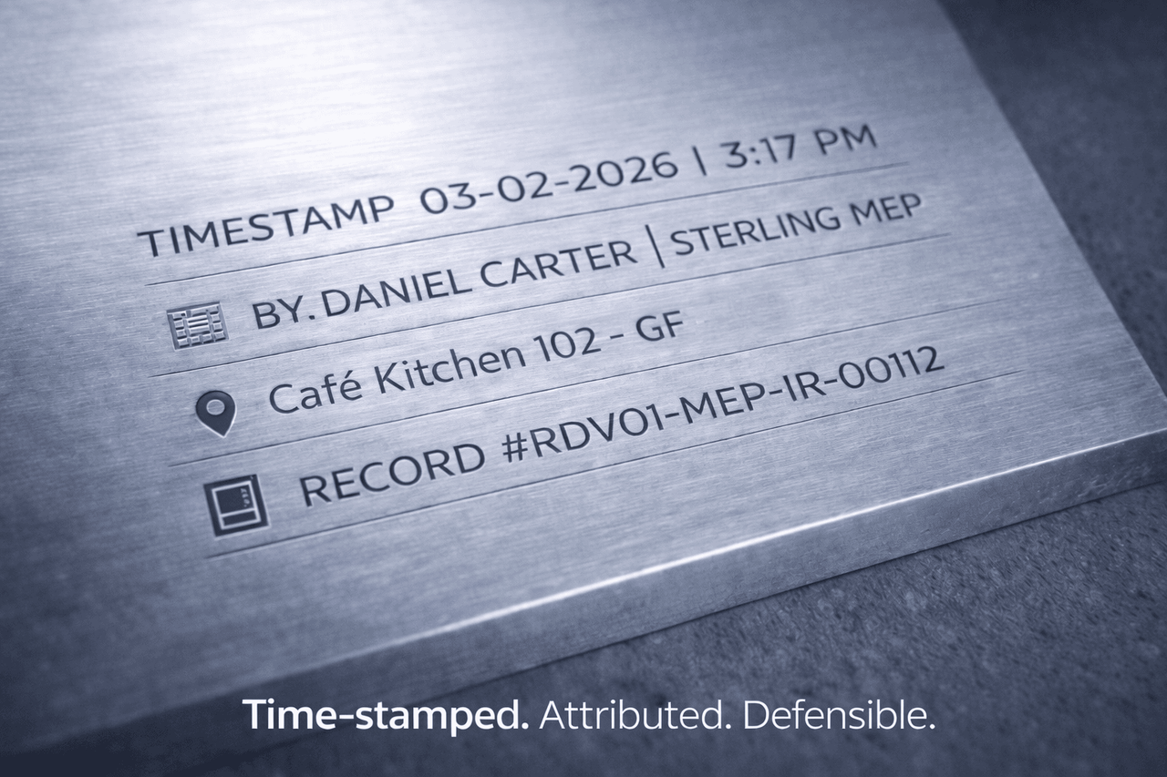 Engraved metal plate showing a time-stamped, attributed RKive record reference for a completed inspection