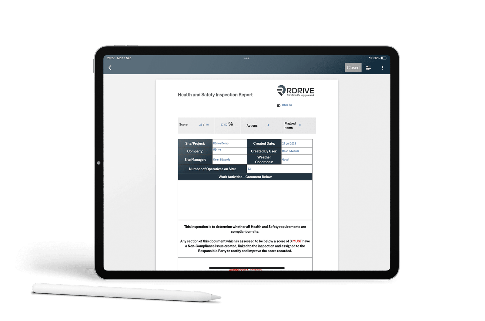 RDrive health and safety inspection report being scored on a tablet during a site audit