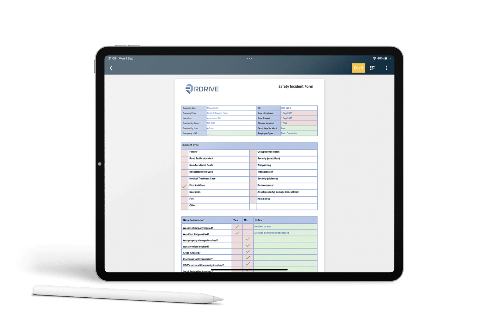 RDrive safety incident form completed on a tablet, capturing incident type and immediate details