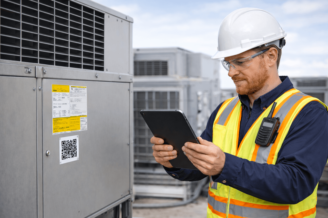 Technician scanning a QR code on rooftop plant to open the right form in RDrive Field