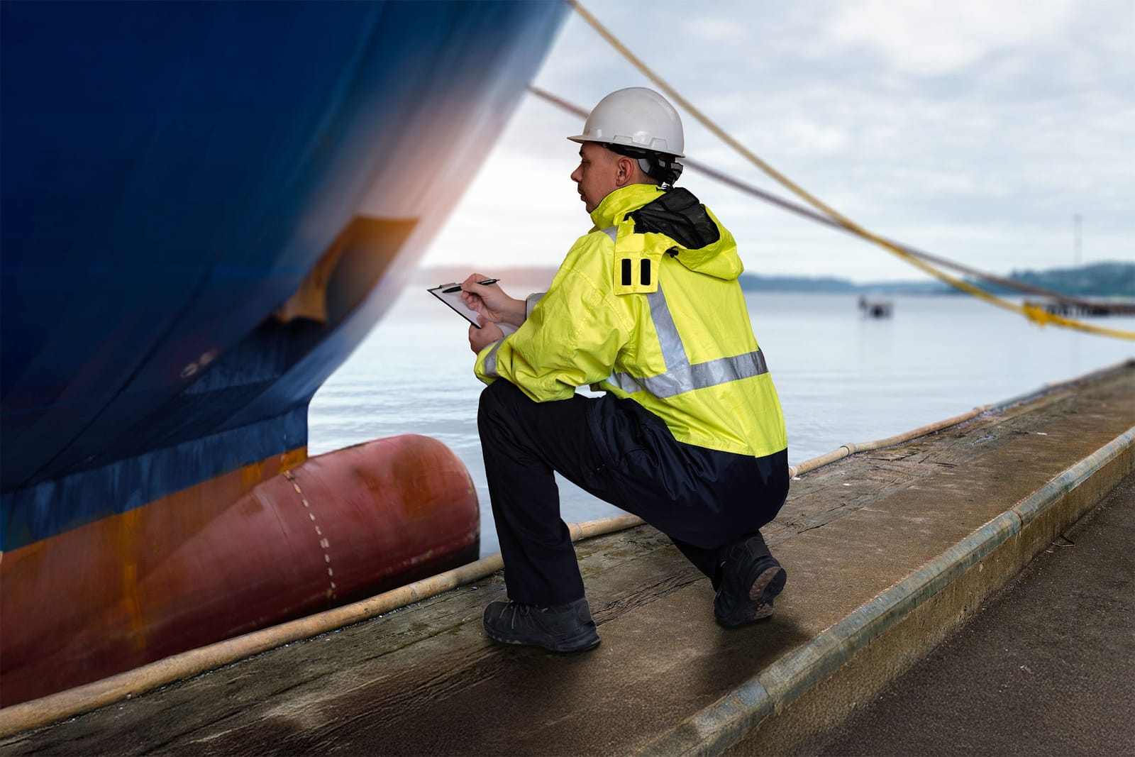 Inspector in hi-vis crouching at the quayside to record checks on a ship's bow with a tablet