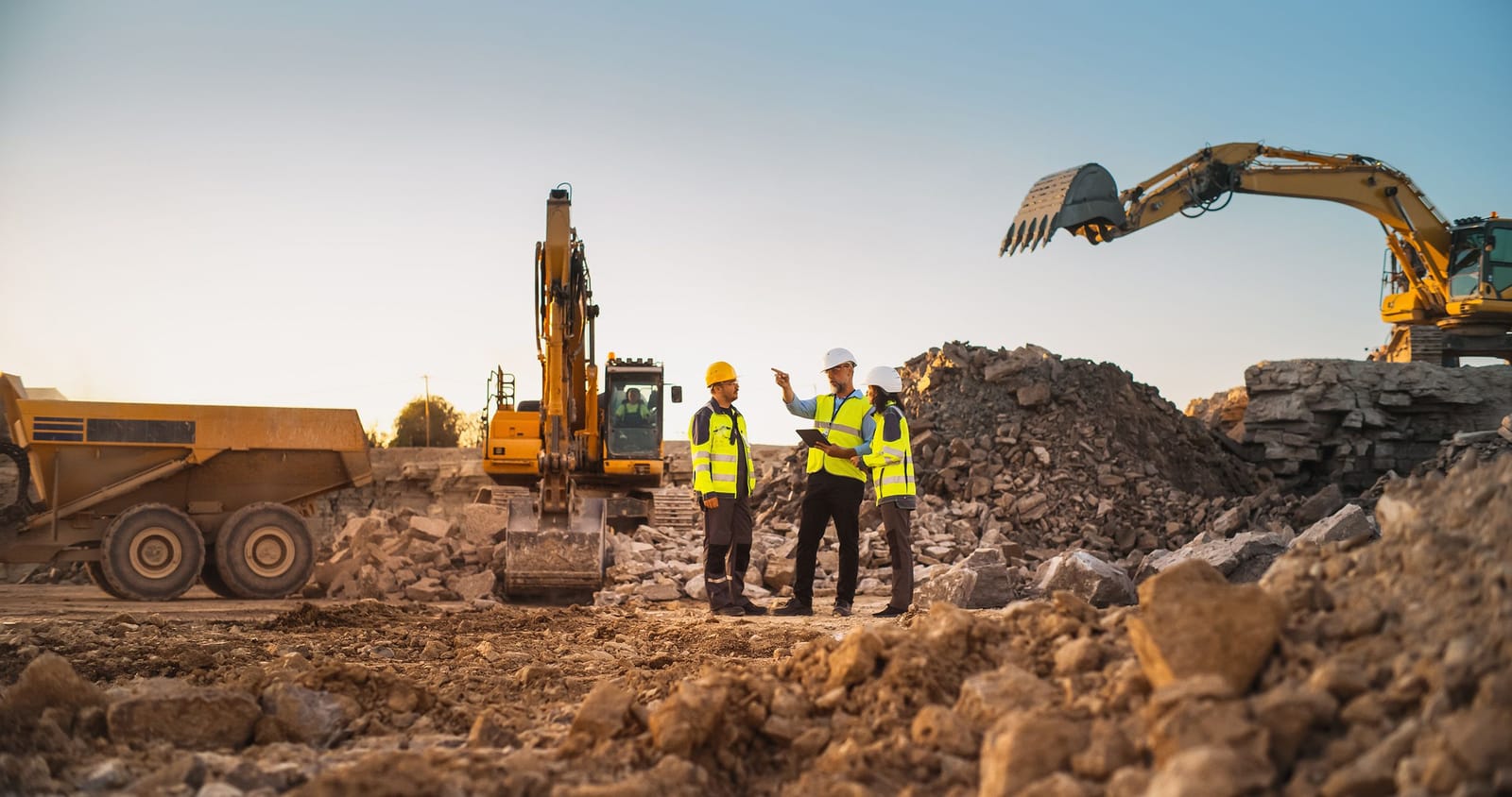 Consultants walking an earthworks site with excavators, checking progress against the programme