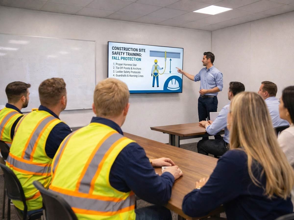 Trainer delivering a fall protection safety session to workers in a site training room