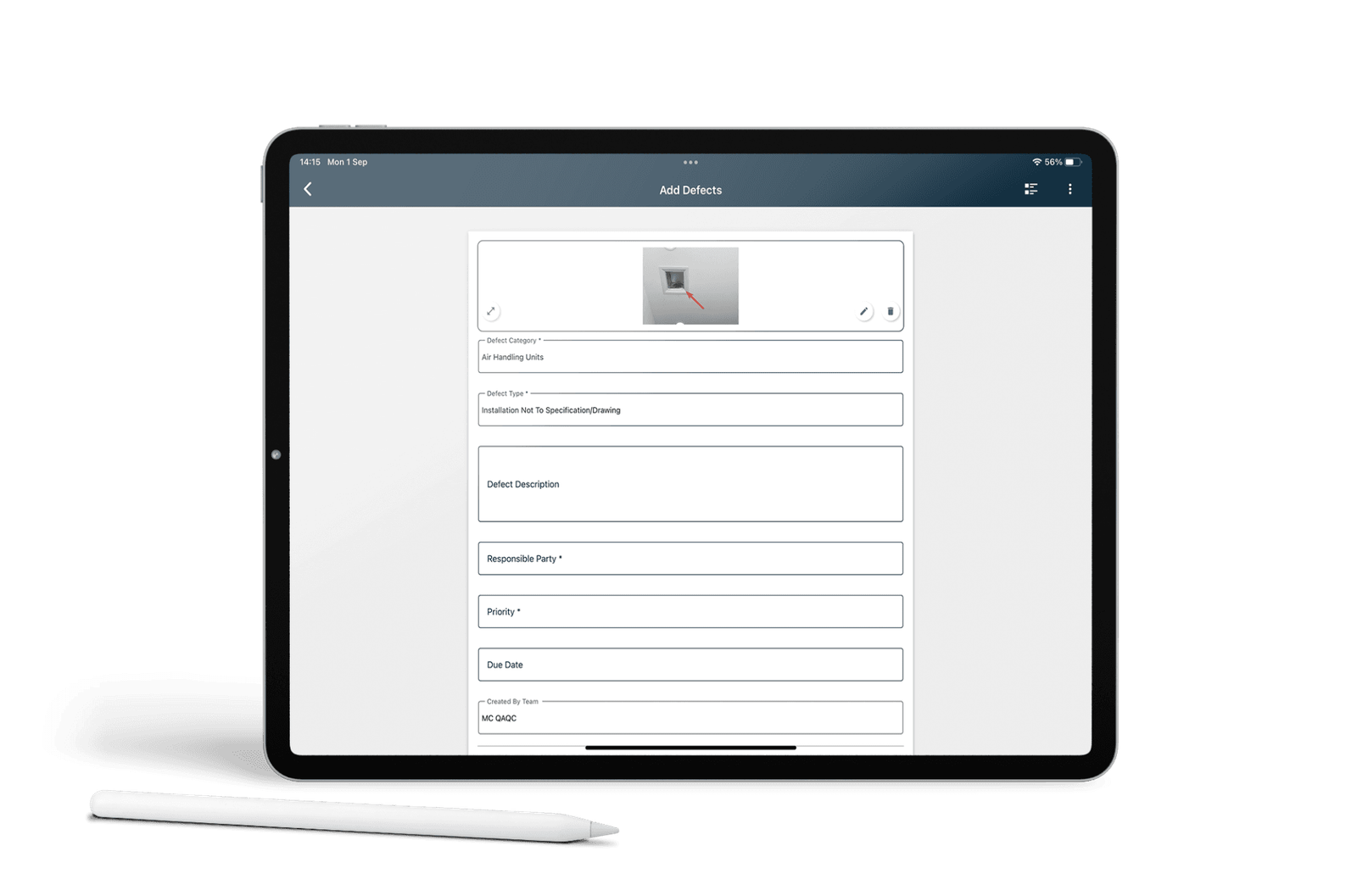Adding a defect on a tablet in RDrive, with photo, description, responsible party and due date