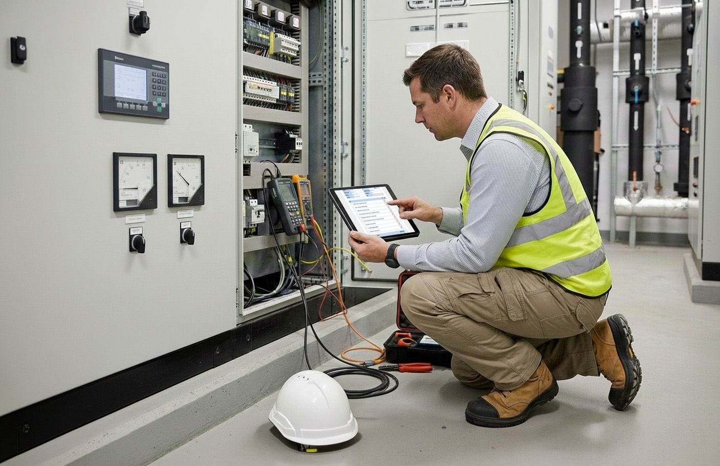 Commissioning engineer recording panel test results on a tablet in front of an electrical switchboard