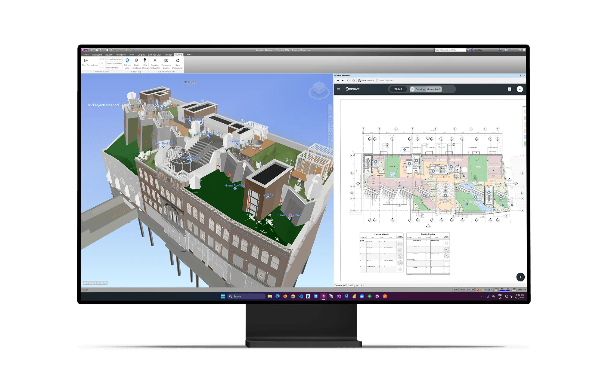 RDrive BIM on a monitor showing the 3D model and the matching 2D drawing side by side