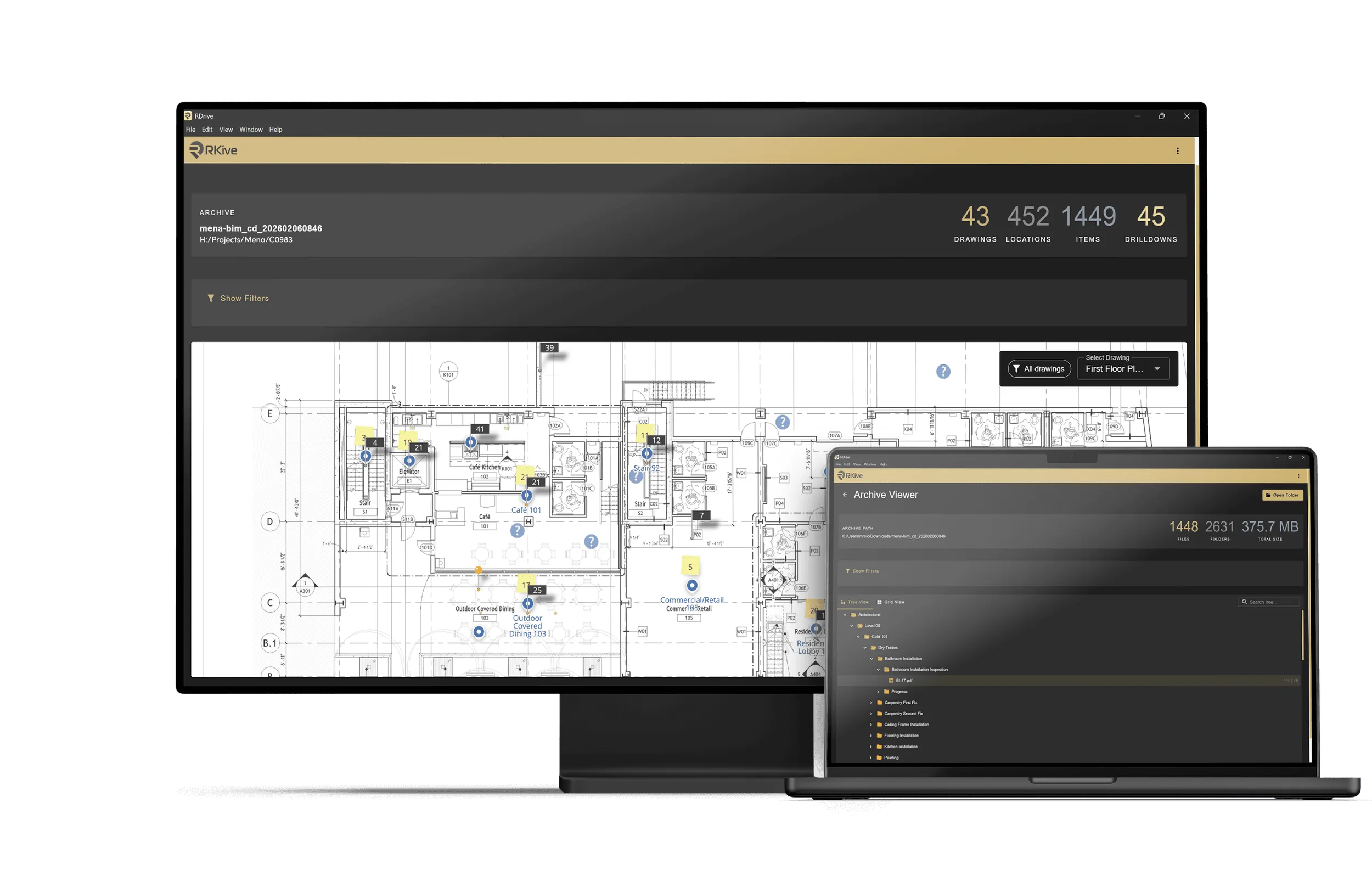 RDrive RKive archive on desktop and laptop, showing drawing-based navigation and the full record file tree